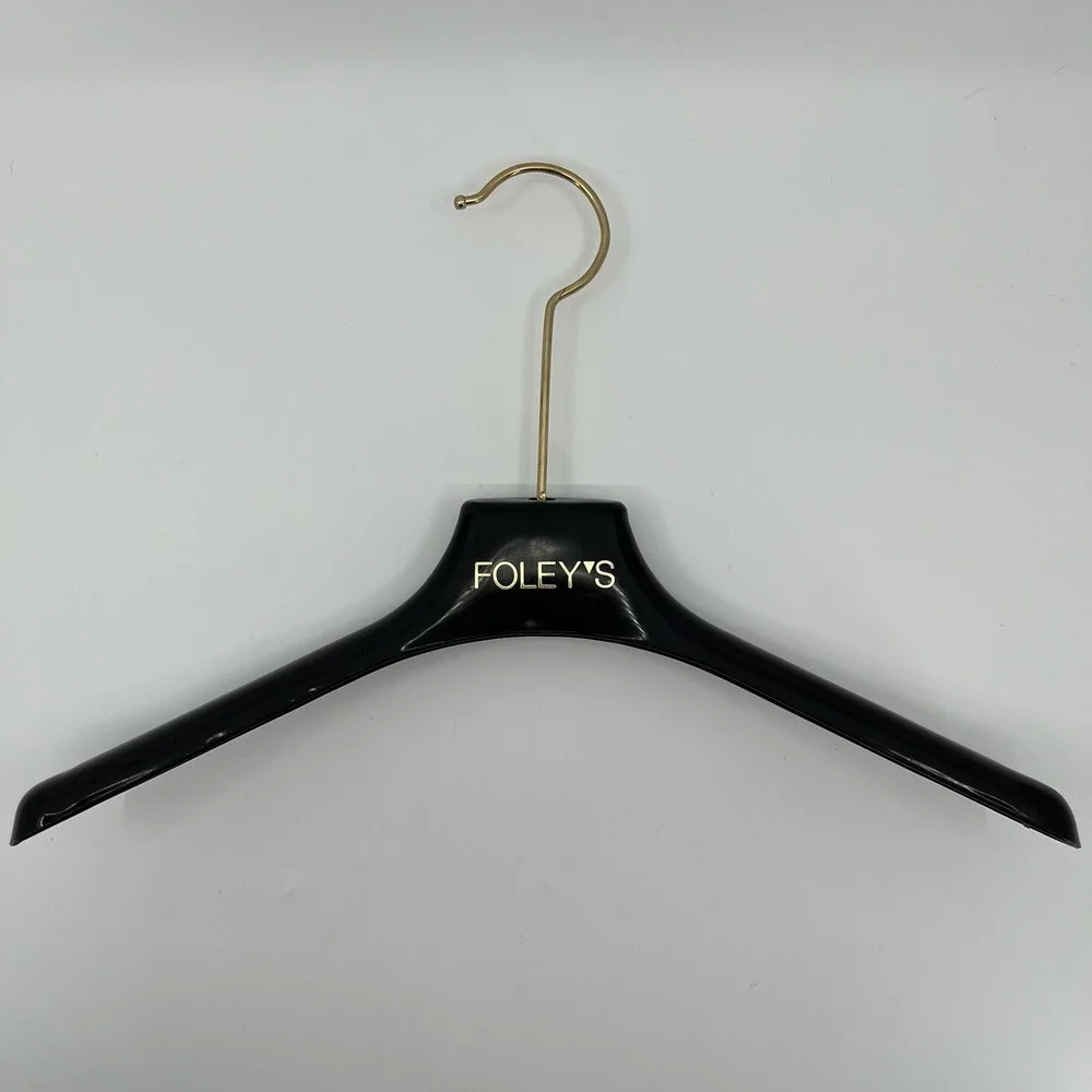 Vtg Foleys Showroom Display Clothes Hanger Black Plastic Gold Hook 17 Retail USA